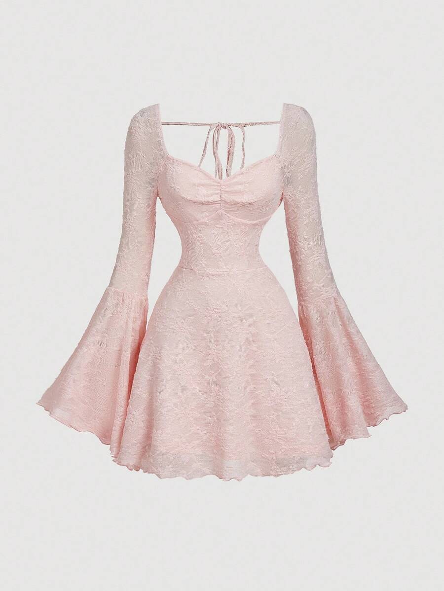 SHEIN MOD Women White Lace Jacquard Flare Sleeve Short Knit Dress,New Years Women Dress,Elegant Dresses For Women