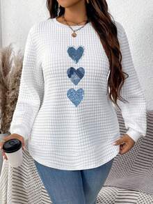 EMERY ROSE Early Autumn Versatile Vacation Minimalist Music Festival Back To School Casual Cute Blue Heart Graphic Print Plus Size Women Waffle Knit Crew Neck Long Sleeve Sweatshirt, Suitable For Early Autumn Transition, Autumn Women Clothing, Autumn Sweatshirt,Fall Clothes For Women Heart Long Sleeve Shirt Women Long Sleeve Tops