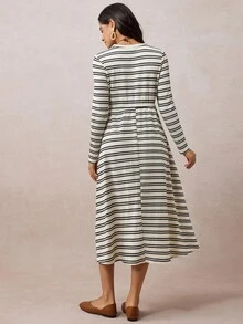 Boho Mama Maternity Casual Striped Drawstring Waist Dress,Vintage - Khaki - View 2
