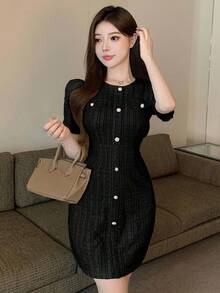 DAZY Women's Elegant Solid Color Front Button Fitted Dress, Summer - Black - View 3