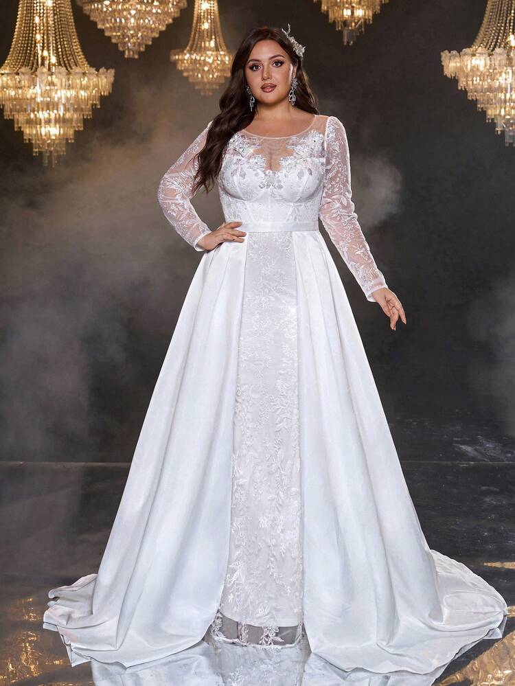 Glamrae Vestido Elegante, Romântico e Luxuoso Plus Size em Cetim Branco com Bordado de Contas, Bainha de Sereia com Cauda Destacável, Adequado para Festa à Noite, Gala, Lua de Mel, Cerimônia de Casamento, Noiva - Branco - Visão 2