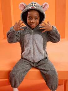 TOM & JERRY X SHEIN Young Boy Cartoon Plush 3D Ear Embroidered Zipper Plush Costume Jumpsuit , Autumn/Winter Fall - Grey - View 2