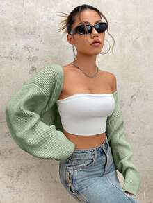 EURMUSE Y2K Grunge Drop Shoulder Open Front Crop Cardigan Without Tube Top - Mint Green - View 5