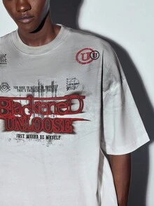 MODCRASH Men's Summer Handmade Spray Painted Slogan Print Round Neck Loose Casual T-Shirt, Streetwear, Graphic Tee Spring To Summer - White - View 8