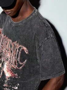 MODCRASH Men's Washed Black Short Sleeve Casual Round Neck T-Shirt, Streetwear, Goth, Graphic Tee, Halloween - Black - View 5