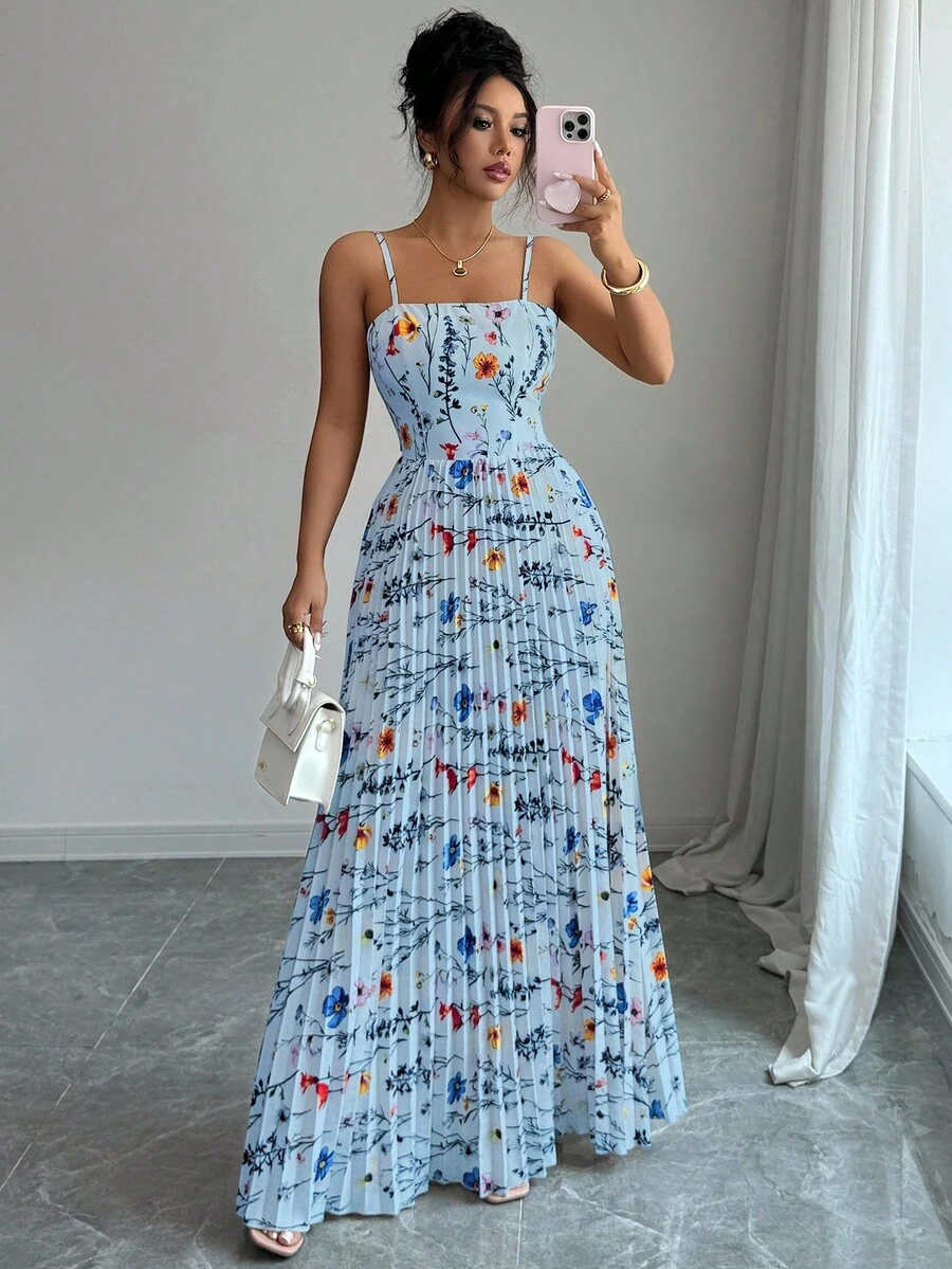 Elenzga Váy yếm xếp ly họa tiết hoa thanh lịch dành cho nữ - Màu xanh lam - Xem 1