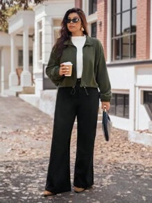 Vionelle 加大码女式优雅军绿色羊毛立领拉链长袖弹力袖口抽绳下摆短款夹克 - 軍綠色 - 查看 6