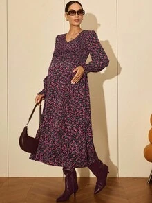 MaterniWear Roupas de trabalho para gestantes, roupas de trabalho para gestantes, vestidos de trabalho para gestantes, roupas casuais para mulheres, roupas de outono para gestantes, roupas casuais para gestantes, vestido estampado com franzidos, vestido floral roxo, vestido longo para gestantes, vestido floral de manga comprida, vestido de maternidade com babados, vestido com babados