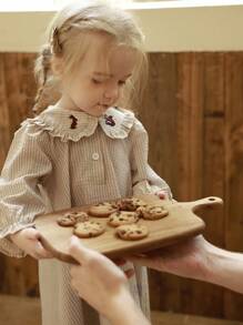 SHEIN Robe à manches longues en mélange de lin rayé pour bébé fille, tissu confortable, convient pour la saison de transition, style campagnard, motif animal brodé, mode et mignon, robe polyvalente pour tous les jours