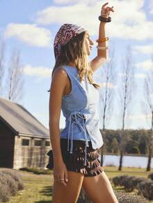 Aralina 秋冬浅色水洗牛仔裹身式上衣，系带设计，公主线剪裁，修身牛仔上衣，办公室完美之选