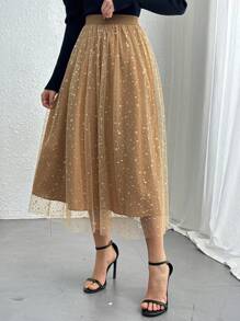 DAZY Chân váy xòe eo chun đính sequin thanh lịch dành cho nữ, thích hợp cho mùa thu, năm mới và lễ hội. - Hồng - Xem 3