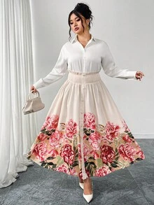 Ellevyn 情人节加大码女士优雅印花A字裙，腰部松紧修身，浪漫花卉长裙，春夏度假浪漫日常外出裙，春假必备 - 彩色 - 查看 3