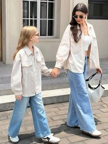 SHEIN 青少年女孩米色燈芯絨翻蓋口袋落肩長袖外套 秋冬休閒街頭風日常穿著夾克 鈕扣開襟襯衫版型 大廓形 - 杏色 - 查看 6