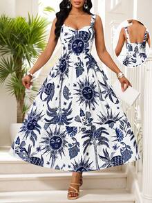 SHEIN Lady Suspender Dress Print Sundress Blue & White Graphic Print Cinched Waist Backless Strap Dress, Casual Vacation Style Wedding Guest Dress Women Vacation Outfits Woman Beach Outfits For Woman Business Casual Woman Birthday Dresses For Women Festival Graduation Dress African Woman Clothing Women Dresses Summer Tropical Dresses For Women Birthday&Event Dresses /Office Dresses /Church Dresses/Wedding Dresses /Holiday Dresses /4th Of July Dress