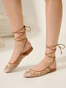 CUCCOO TILAWA 女士平底一脚蹬鞋，网眼刺绣方头穆勒鞋，优雅迷人风格 - 棕色 - 查看 2