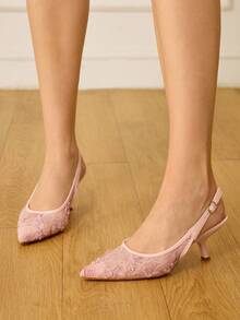 CUCCOO HITCHD 女士蕾丝刺绣尖头小猫跟中跟优雅浪漫白色蕾丝网面女士高跟凉鞋，礼服鞋，新娘鞋，伴娘鞋，时尚派对、婚礼、宴会鞋 - 淺粉色 - 查看 5