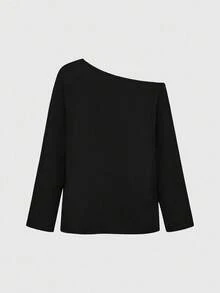 ROMWE Áo thun tay dài cổ bất đối xứng họa tiết Gothic dành cho nữ, Halloween - màu đen - Xem 2