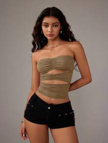 SHEIN TRNDY 女士纯色褶皱镂空修身抹胸 - 棕色 - 查看 4