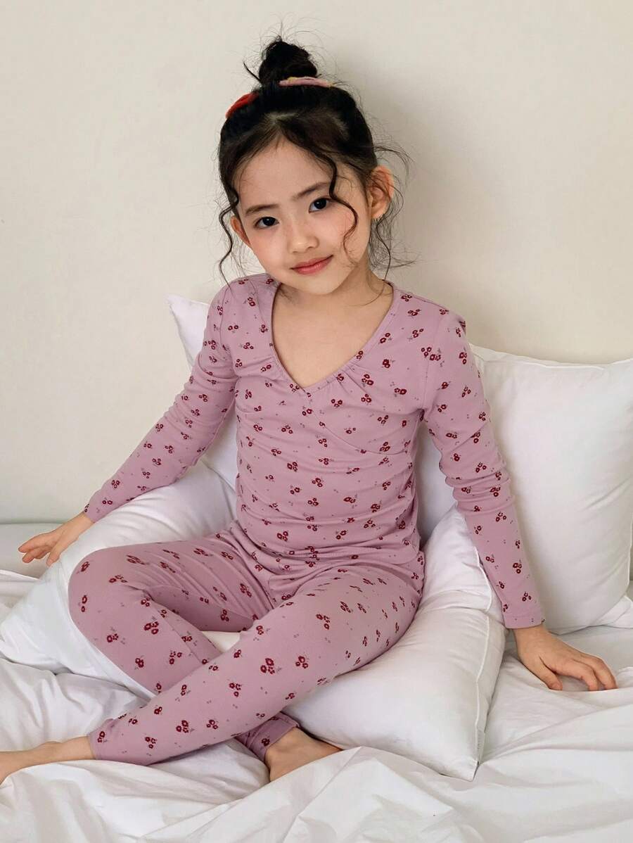 DAZY 年轻女孩碎花长袖睡衣套装 - 紫色 - 查看 1