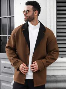 Manfinity CasualCool Plus Size Men's Casual Contrast Lapel Collar Drop Shoulder Loose Jacket, Autumn/Winter