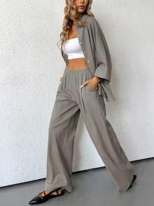 Aveloria Modichic 2 件套女士混纺侧开衩宽松衬衫和高腰阔腿裤优雅商务休闲女装 - 淺灰色 - 查看 4