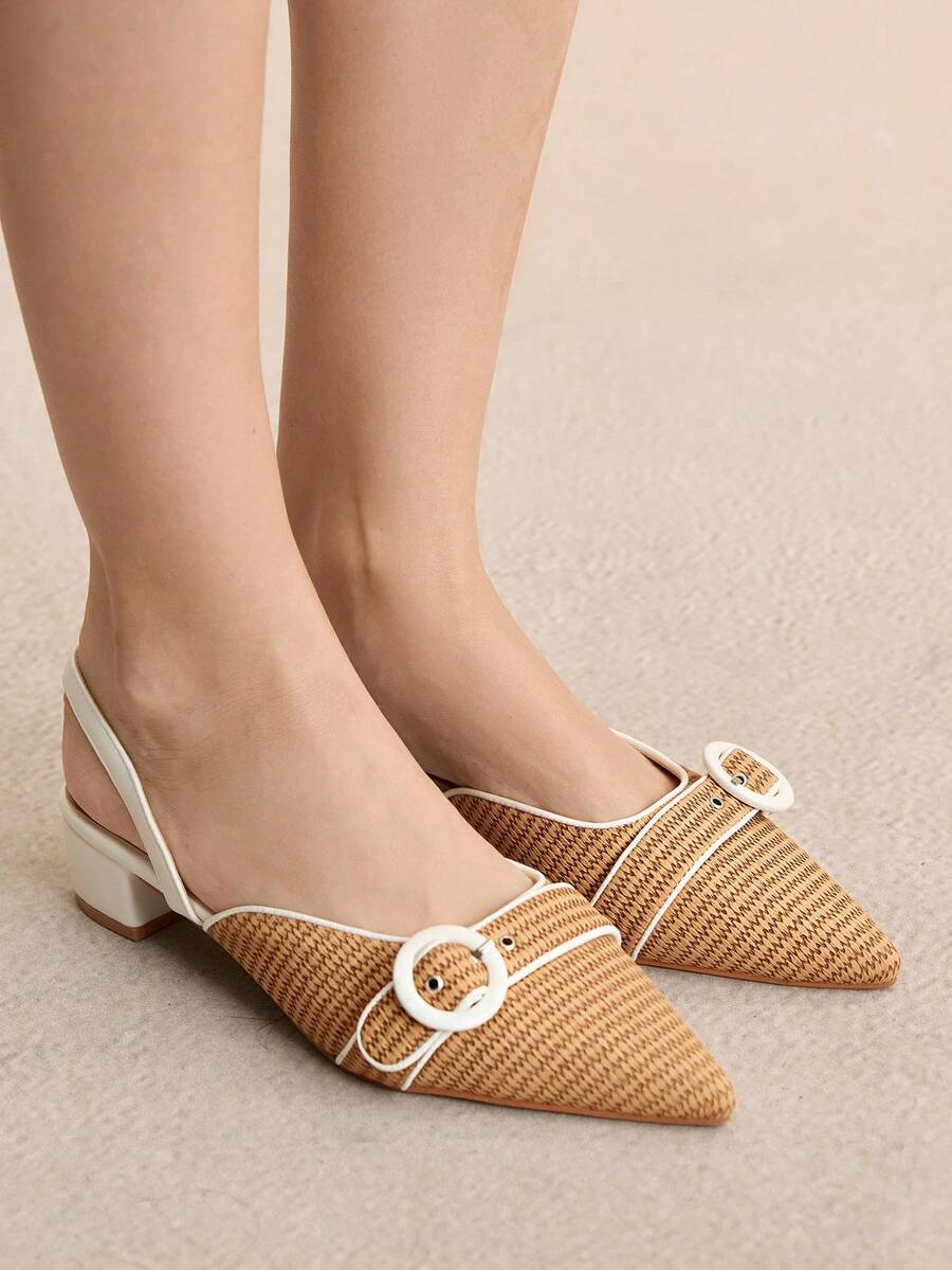 Rosivie 女士时尚迷人高跟鞋，咖啡棕色，压花做旧材质，尖头，适合通勤、舒适、室内、办公室、街头、派对、旅行、度假、春夏季，适合搭配连衣裙、牛仔裤、短裤 - 白色 - 查看 1