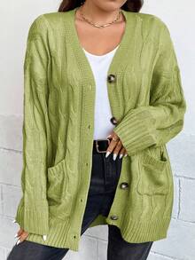 EURMUSE Plus Size Casual Solid Color Cardigan With Dual Pockets, Autumn/Winter - Olive Green - View 7