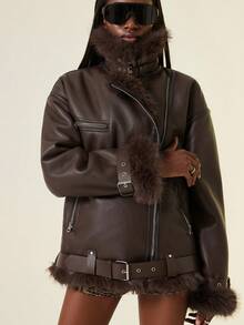 GENKIRA 棕色复古摩托车朋克风格加厚仿毛领装饰腰带秋冬女士加厚 PU 皮夹克 - 棕色 - 查看 5