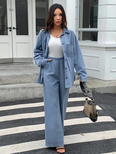 DAZY Casual Denim Fashion 2 Pieces Set For Women, Loose Long Sleeve Shirt And Wide Leg Pants, Autumn