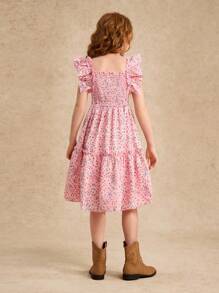Robe casual élégante pour fille pré-adolescente, manches courtes style trapèze, col carré, robe fleurie à nœud, convient pour les sorties de printemps, été, automne, école - Rose bonbon - Voir 2