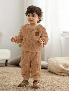 Cozy Pixies Conjunto de 2 peças para bebê menino com estampa de ursinho fofo, moletom dupla face com gola redonda e ombros caídos, nas cores marrom e mocha. Ideal para o outono e inverno. Perfeito para recém-nascidos. - Caqui - Ver 7