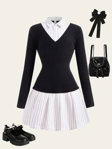 SHEIN Explorewe 1pc Girls' Striped Black Pleated Skirt Dress, Preppy Style, Suitable For Urban Street Photography, Gatherings, Daily Wear, Spring/Summer Fall Winter - Black - View 1