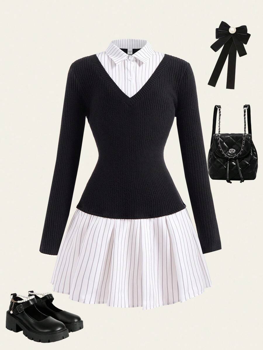 SHEIN Explorewe 1pc Girls' Striped Black Pleated Skirt Dress, Preppy Style, Suitable For Urban Street Photography, Gatherings, Daily Wear, Spring/Summer Fall Winter - Black - View 1