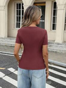 Serisse Women's Solid Color Floral Metal Button Short Sleeve Shirt,Red Top Christmas Elegant Summer New Year Burgundy Valentine's Day - Burgundy - View 2