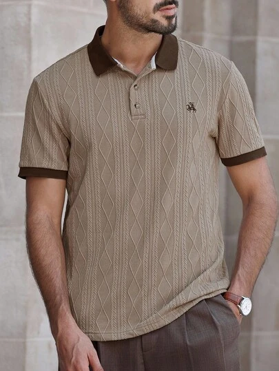 Manfinity Bizformal 男士夏季提花针织 Polo 衫，纹理提花面料，刺绣图案，适合日常通勤、与朋友聚会，畅销百搭单品