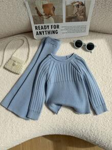 SHEIN Baby Girl Solid Color Round Neck Raglan Sleeve Knit Casual Sweater Set Fall Winter - Baby Blue - View 4