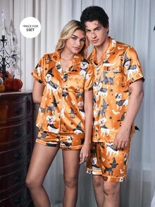 CoupledUp Summer Bear Print Satin Cardigan Cute Couple Pajama Set For Men Couples Matching Halloween Pjs Halloween Pajama Couples Matching Pajamas Set Couples Halloween Pajamas Matching Couples Pajamas - Multicolor - View 1