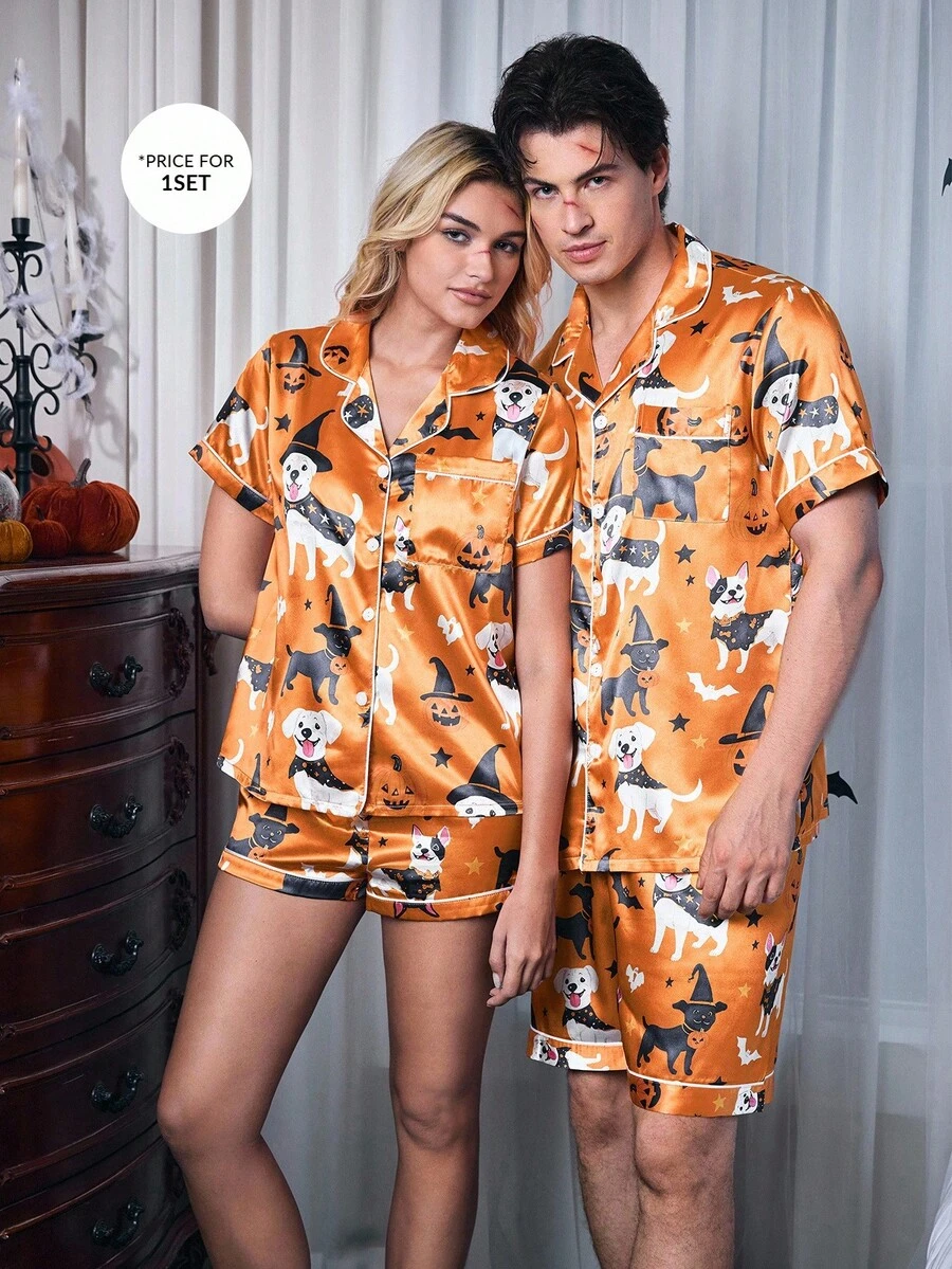 CoupledUp Summer Bear Print Satin Cardigan Cute Couple Pajama Set For Men Couples Matching Halloween Pjs Halloween Pajama Couples Matching Pajamas Set Couples Halloween Pajamas Matching Couples Pajamas - Multicolor - View 1