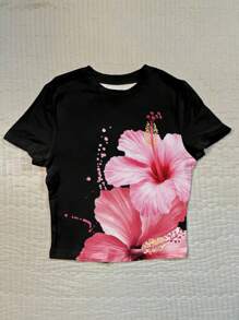 Attitoon Women's Floral & Hawaiian Print Crew Neck Short Sleeve Fitted T-Shirt, Suitable For Summer - Black - View 5