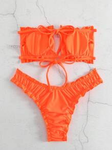 Oceva Summer Beach Frill Trim Bandeau Bikini Set, Orange Bathing Suit - Orange - View 2