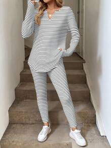 SHEIN LUNE Bộ 2 món áo thun dài tay kẻ sọc đen trắng và quần legging cho nữ, Thu/Đông - Nhiều màu - Xem 3