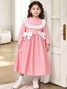 Süßes, niedliches Mädchenkleid mit Rundhalsausschnitt, Langarm und Schleifen-Dekor, in Rosa - Pink - Übersicht 1