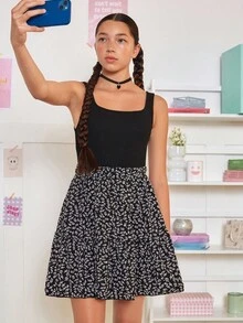 SHEIN Teen Girls Black Floral Knitted Vest Splice A-Line Holiday Casual Dress Holiday Outfits