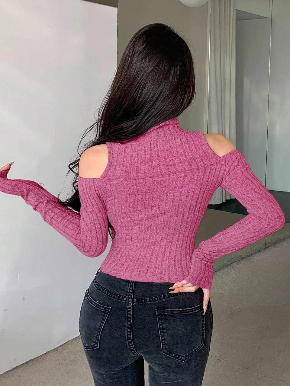 Women's Slim Fit Brushed Off-Shoulder Long Sleeve Single-Breasted T-Shirt, Autumn/Winter