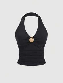 Sweetra Women's Sexy New Metal Buckle Design Fitted Halter Neck Camisole - Black - View 1