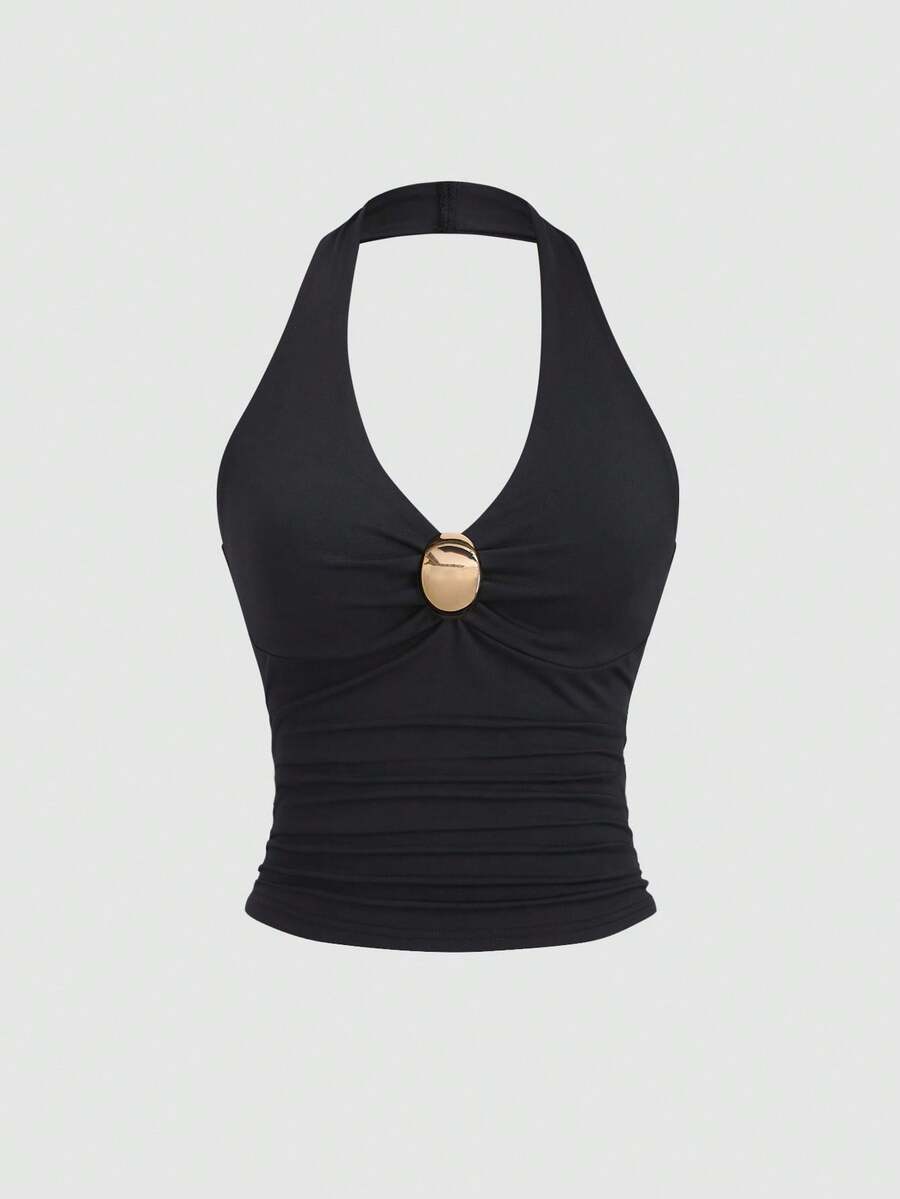 Sweetra Women's Sexy New Metal Buckle Design Fitted Halter Neck Camisole - Black - View 1