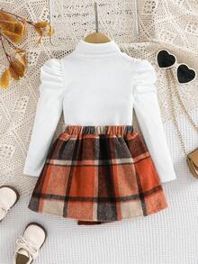 SHEIN 2pcs/Set Young Girl Knit Top And Woven Skirt Outfit - Coffee Brown - View 2