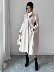 Elenzga معطف أنيق طويل بدون أكمام وياقة عالية للنساء باللون البيج، مناسب للخريف والشتاء وأعياد السنة الجديدة وعيد الشكر وعيد الميلاد - لون مشمشي - مشاهدة 4