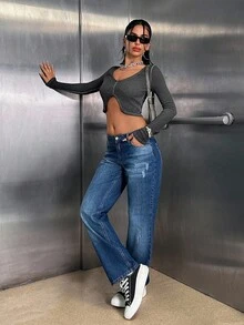 EURMUSE Quần jean ống đứng cho nữ giặt vừa - Rửa trung bình - Xem 6