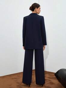 EURMUSE Conjunto de terno elegante feminino azul marinho com botões frontais e detalhes de pernas largas - Azul marinho - Ver 2
